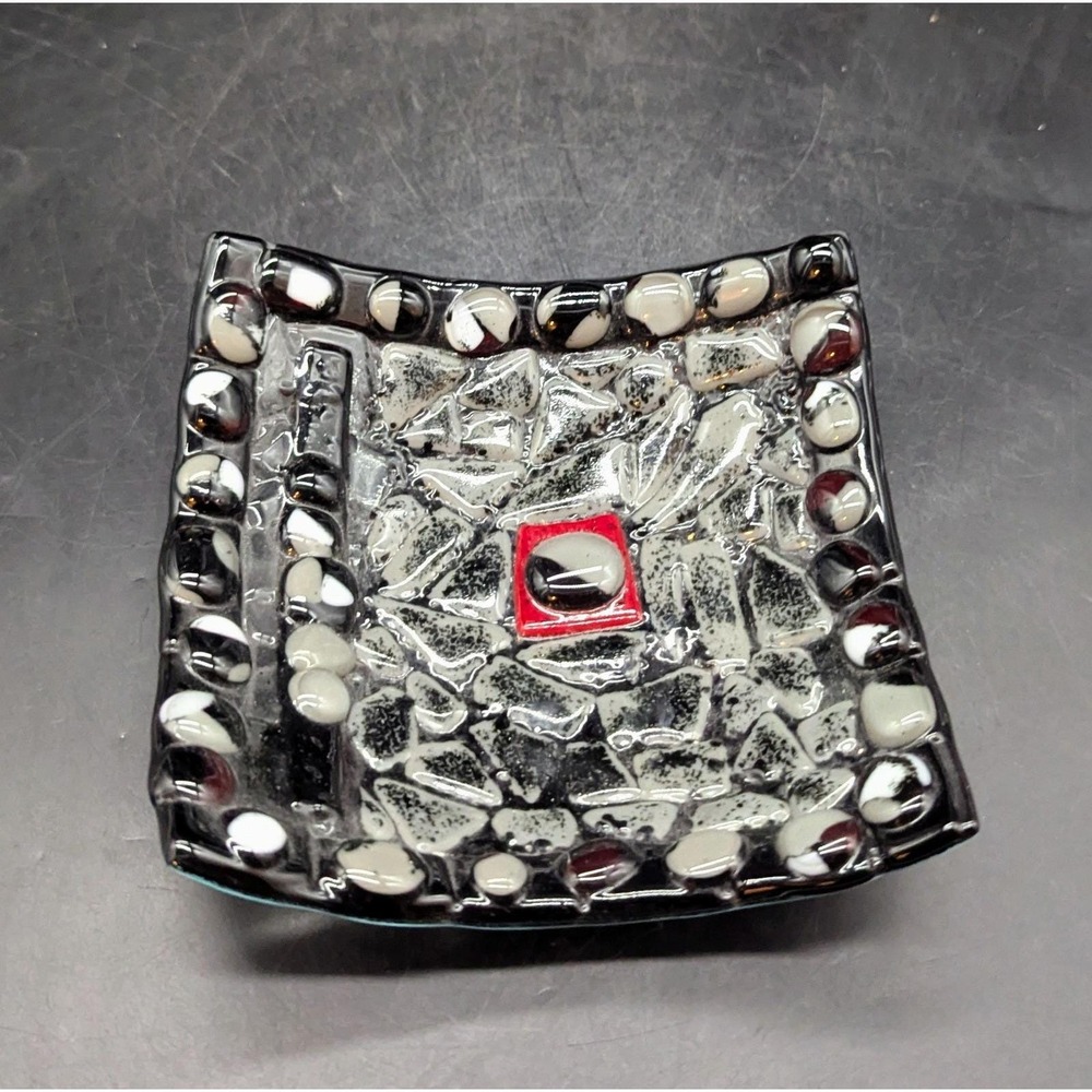 Vintage Handmade Fused Glass Textured Black Trinket Dish 6"